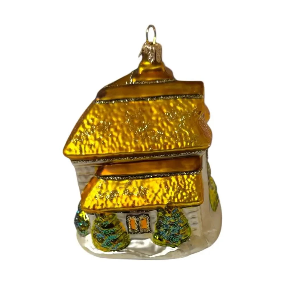 Blown Glass Cottage House Ornament‎ Gold White Glitter Large Vintage EUC